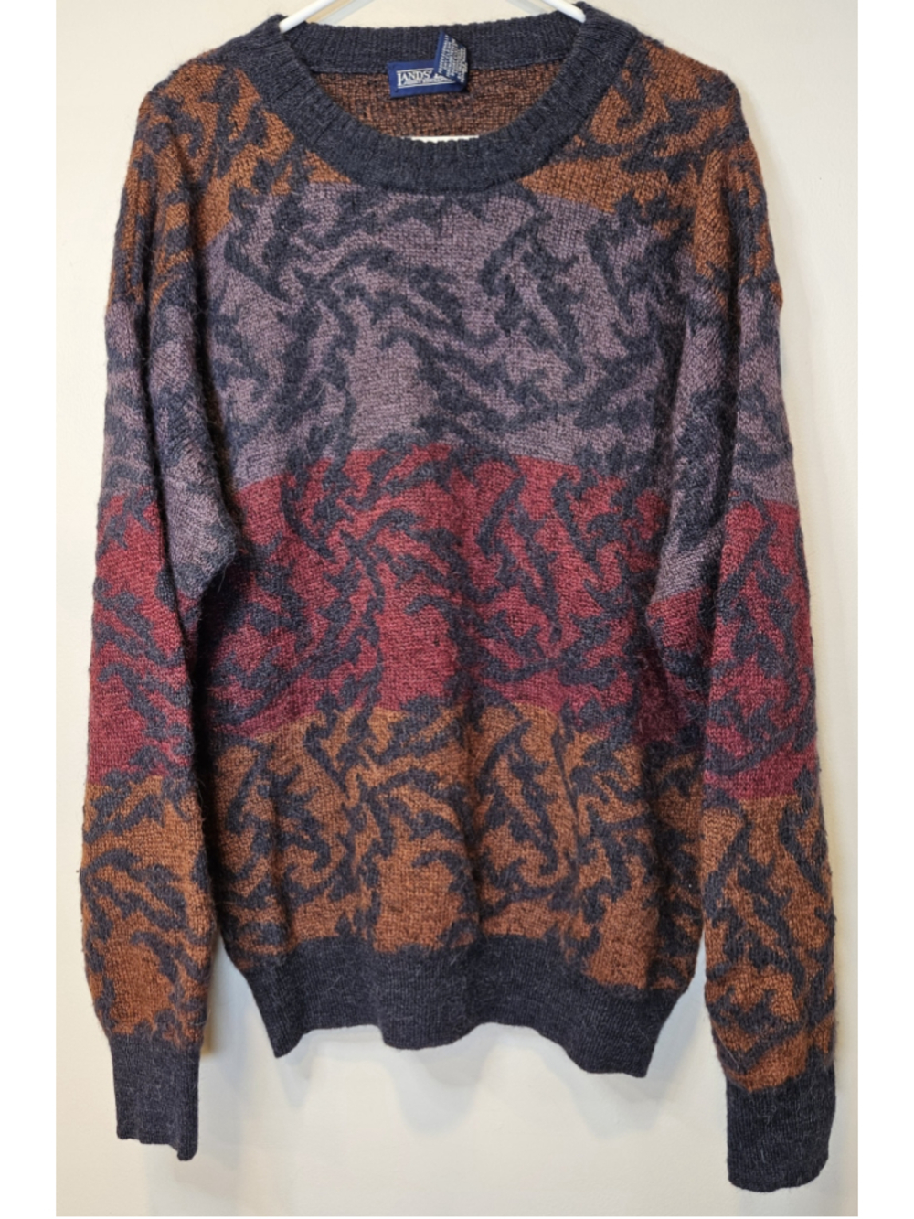 Vintage 90s Lands End Wool Sweater Mens L Abstract Knit Hong Kong